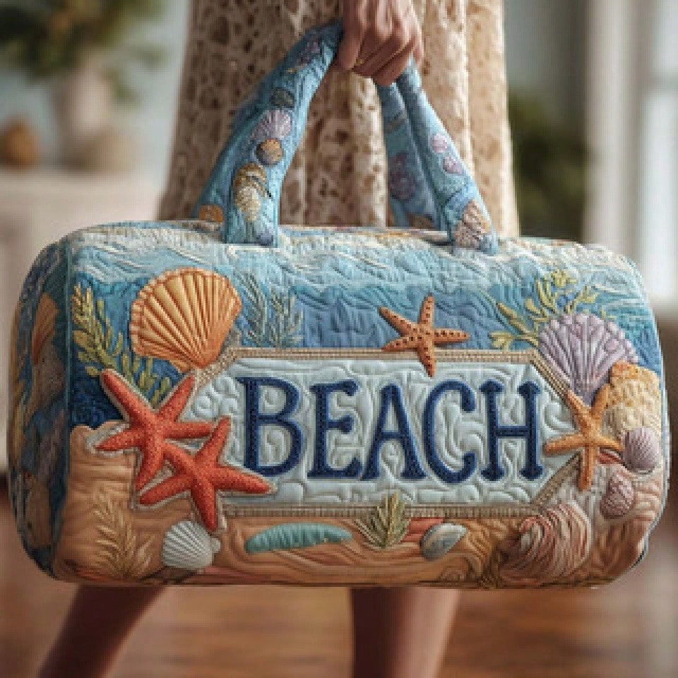 Beach Ocean 3D Printed Quilted Duffle Bag, Large Capacity Travel Weekender Handbag With Turtle, Shell & Palm Tree Patterns, Durable Lightweight For Summer Vacation Gym