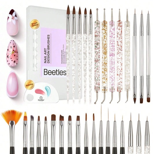 Beetles 31pcs Nail Art Brushes With Case- Confetti Nail Art Pens Dual Ended Dotting Tools Striping Liner Brushes For Nails 3D Flower Sculpting Tools Palette Holder DIY Home Salon Manicure Design Set
