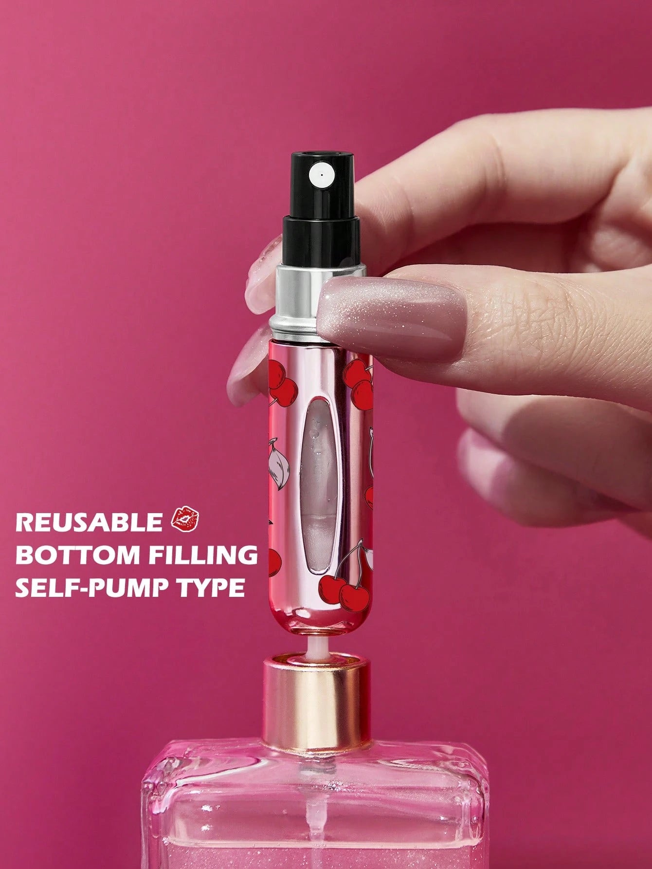 Betty Boop x 5 Ml/0.2 Oz Pink Refillable Perfume Atomizer Spray Bottle With Bottom Filling Self-Pump Type Reusable Fragrance Bottle, Mini Portable Cosmetic Bottle Liquid Filling Bottle,With A Vi