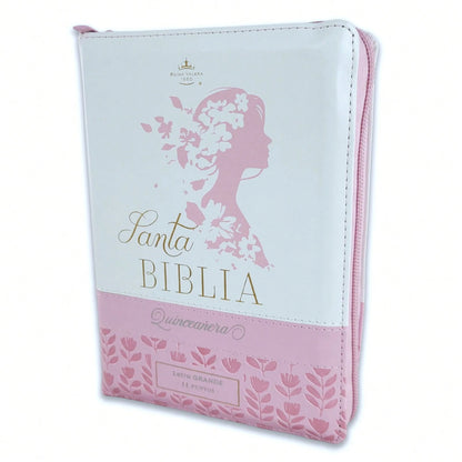Biblia Quinceañera Con Cierre Compacta 11 Puntos RV1960 Imit Piel Blanco Floral Con índice