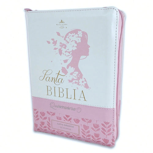 Biblia Quinceañera Con Cierre Compacta 11 Puntos RV1960 Imit Piel Blanco Floral Con índice