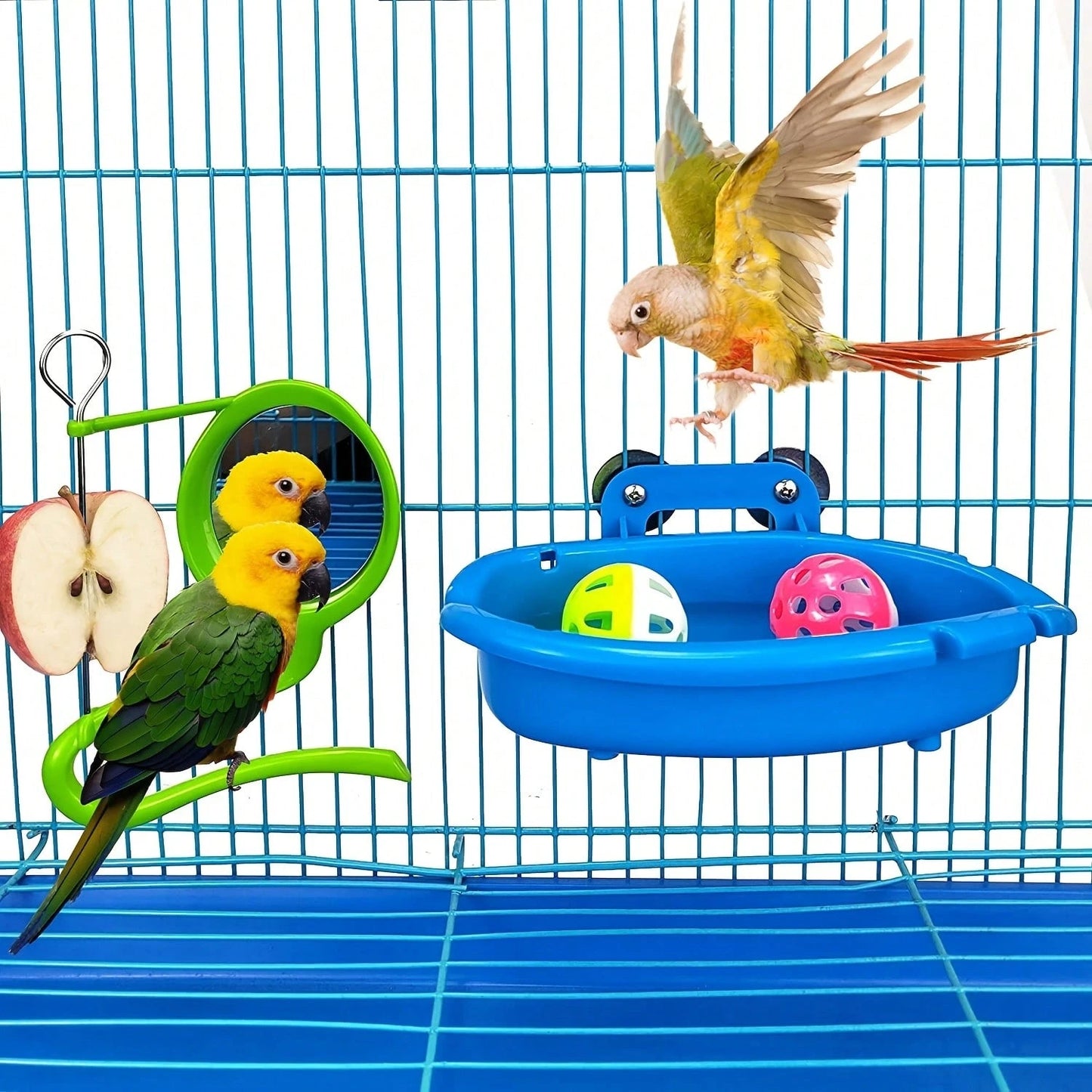 Bird Bath Cage With Randomly Colored Balls, Feeding Bowl, Bird Bath Basin, Basin, Hanging Bird Bath, Toy, Shower, Parrot, Cockatiel, Shower Box, Food Feeder, Tray, Bird Cage Accessories