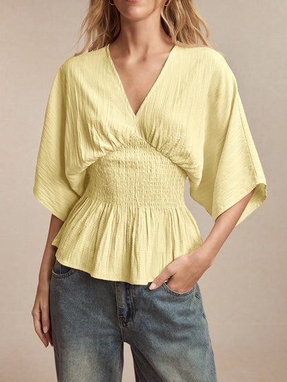 BizChic V-Neck Cinched Waist Top, Business Formal, Vacation Style, Slouchy, Commute, Date, Daily, Vacation, Office, Slimming, Elegant, Sexy, Versatile, Summer, Autumn, Halloween, Back To School, Party