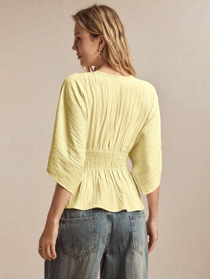 BizChic V-Neck Cinched Waist Top, Business Formal, Vacation Style, Slouchy, Commute, Date, Daily, Vacation, Office, Slimming, Elegant, Sexy, Versatile, Summer, Autumn, Halloween, Back To School, Party