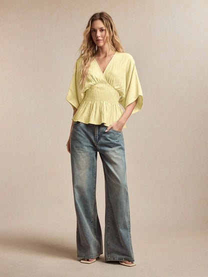 BizChic V-Neck Cinched Waist Top, Business Formal, Vacation Style, Slouchy, Commute, Date, Daily, Vacation, Office, Slimming, Elegant, Sexy, Versatile, Summer, Autumn, Halloween, Back To School, Party