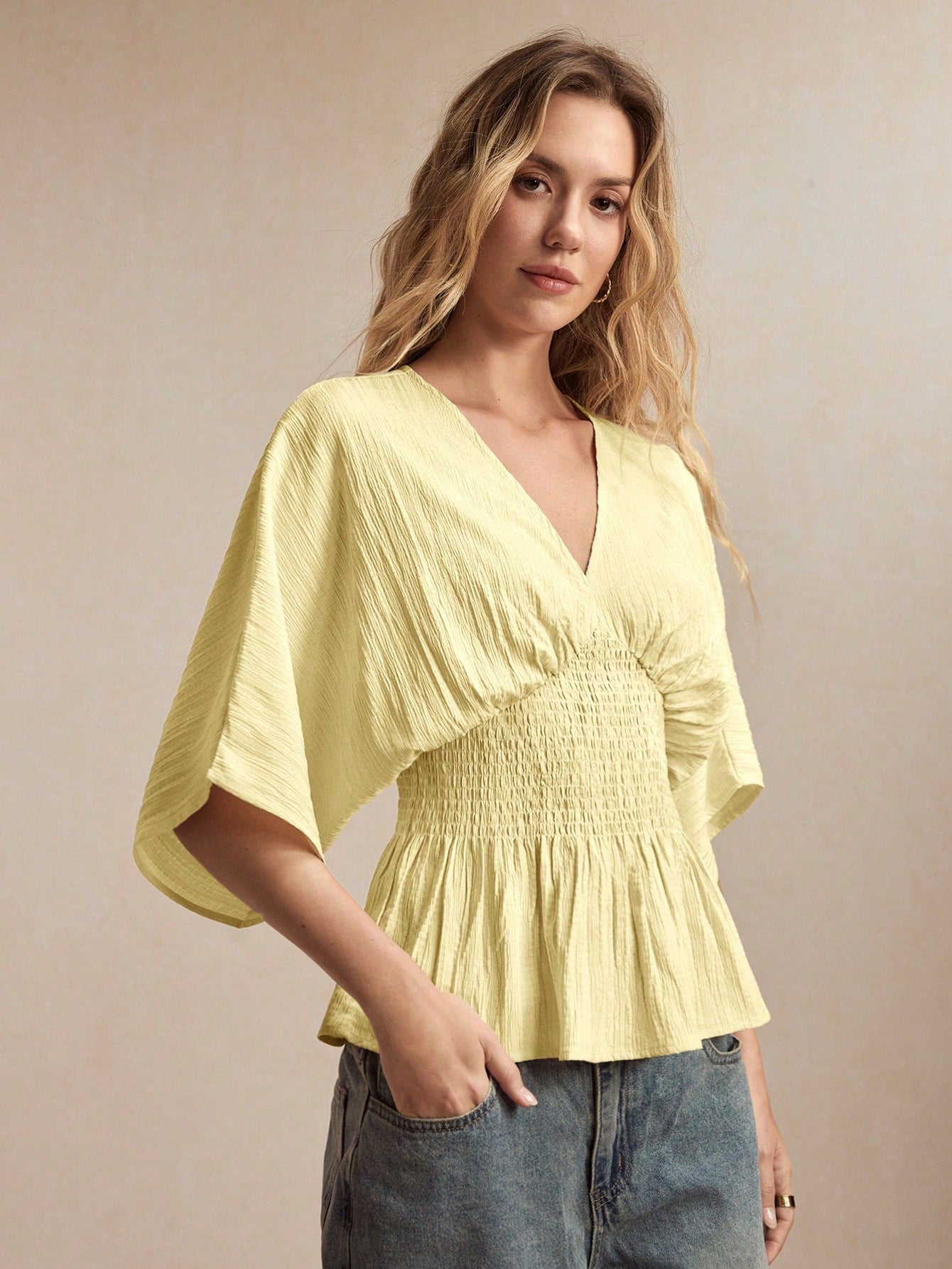 BizChic V-Neck Cinched Waist Top, Business Formal, Vacation Style, Slouchy, Commute, Date, Daily, Vacation, Office, Slimming, Elegant, Sexy, Versatile, Summer, Autumn, Halloween, Back To School, Party