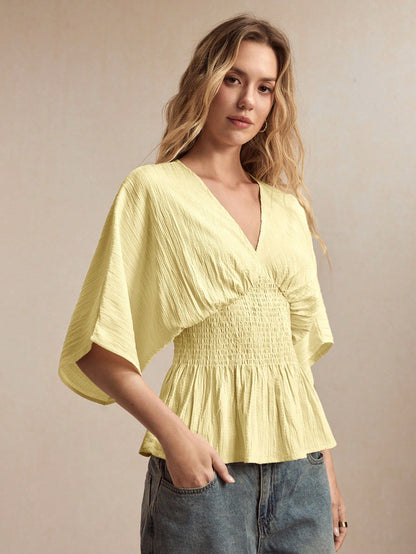 BizChic V-Neck Cinched Waist Top, Business Formal, Vacation Style, Slouchy, Commute, Date, Daily, Vacation, Office, Slimming, Elegant, Sexy, Versatile, Summer, Autumn, Halloween, Back To School, Party