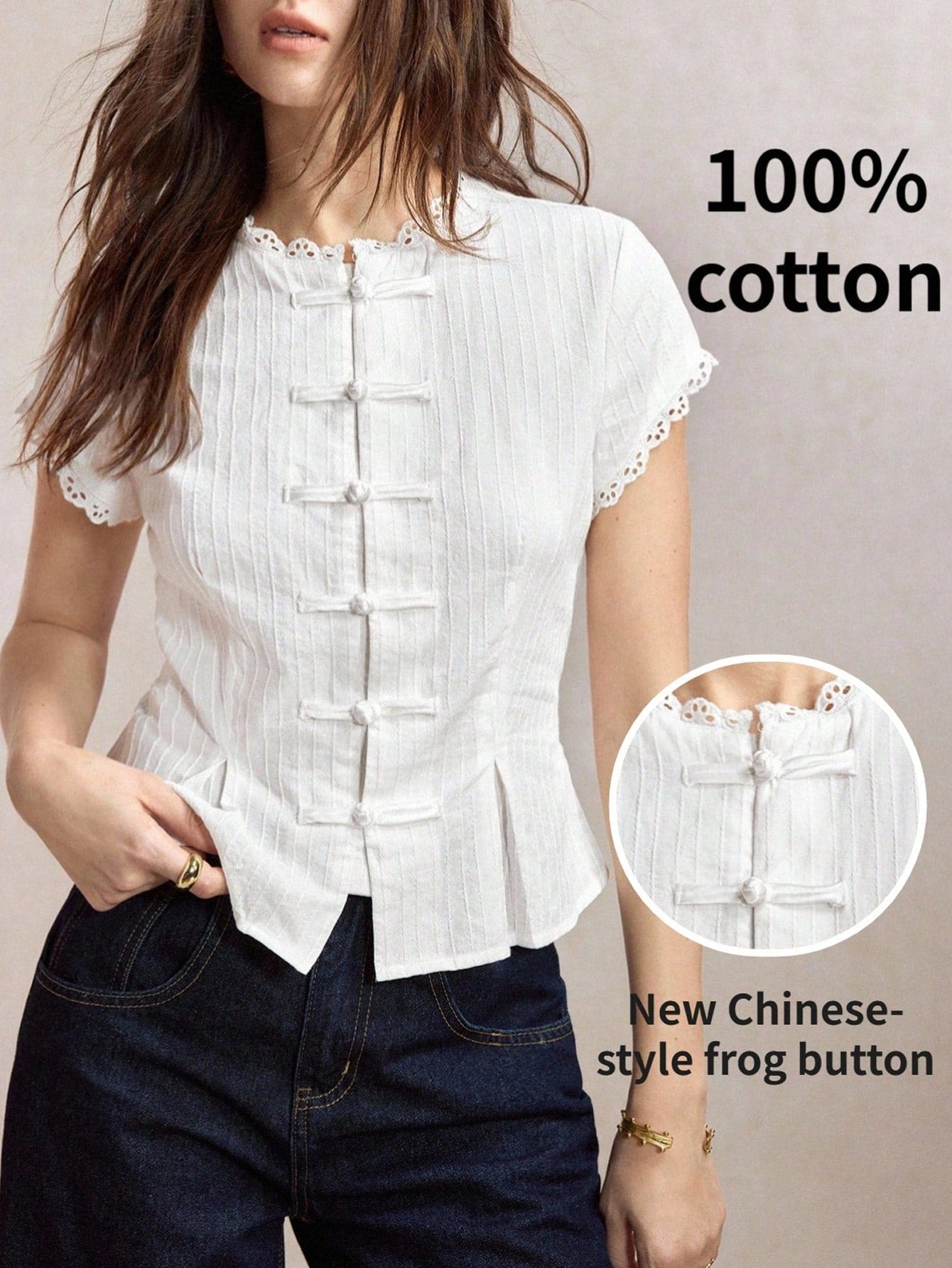 BizChic White Lace Trim Shirt, Elegant French Vintage Style, Business Casual, Commute, Date, Vacation, Halloween, Back To School, Party, Birthday, Office, Slimming, Versatile, Summer, Autumn, Daily, W