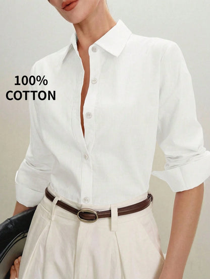 BizChic White Women's Shirt, Spring, Lapel Collar, Front Opening, Single-Breasted Button, Elegant Minimalist Casual Commute Date Daily Vacation Independence Day Graduation Season Music Festival Slimmi