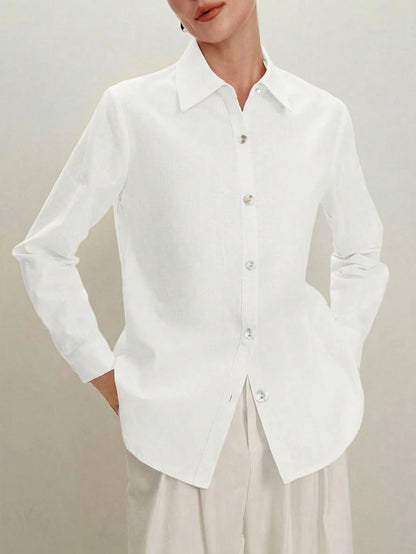 BizChic White Women's Shirt, Spring, Lapel Collar, Front Opening, Single-Breasted Button, Elegant Minimalist Casual Commute Date Daily Vacation Independence Day Graduation Season Music Festival Slimmi