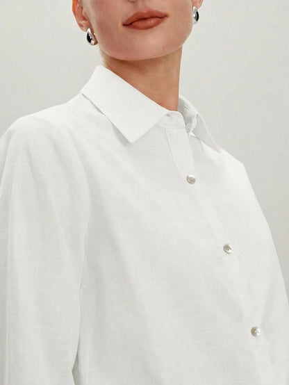 BizChic White Women's Shirt, Spring, Lapel Collar, Front Opening, Single-Breasted Button, Elegant Minimalist Casual Commute Date Daily Vacation Independence Day Graduation Season Music Festival Slimmi