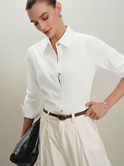 BizChic White Women's Shirt, Spring, Lapel Collar, Front Opening, Single-Breasted Button, Elegant Minimalist Casual Commute Date Daily Vacation Independence Day Graduation Season Music Festival Slimmi