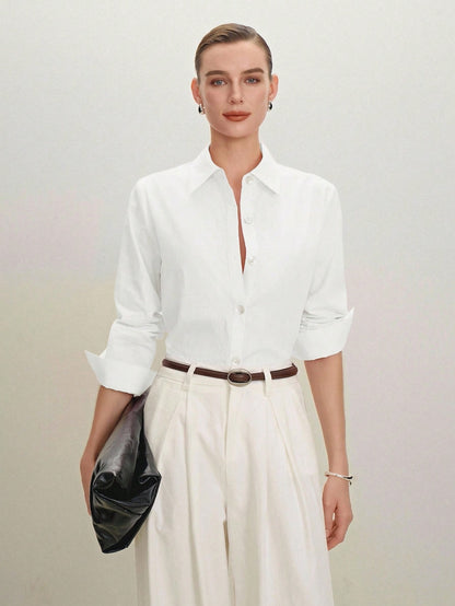 BizChic White Women's Shirt, Spring, Lapel Collar, Front Opening, Single-Breasted Button, Elegant Minimalist Casual Commute Date Daily Vacation Independence Day Graduation Season Music Festival Slimmi