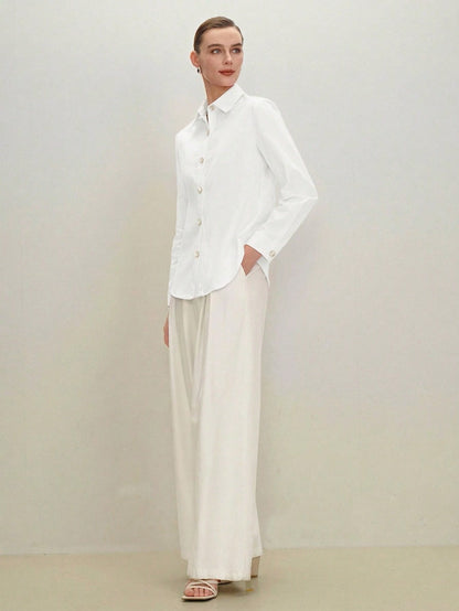 BizChic White Women's Shirt, Spring, Lapel Collar, Front Opening, Single-Breasted Button, Elegant Minimalist Casual Commute Date Daily Vacation Independence Day Graduation Season Music Festival Slimmi