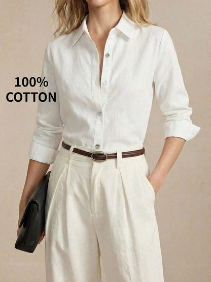 BizChic White Women's Shirt, Spring, Lapel Collar, Front Opening, Single-Breasted Button, Elegant Minimalist Casual Commute Date Daily Vacation Independence Day Graduation Season Music Festival Slimmi