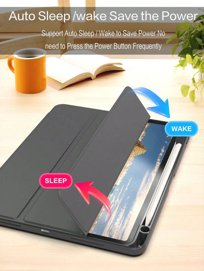 Black 3-Fold Silicone Folding Tablet Protective Case, Ultra-Thin Stand Shockproof Anti-Drop Pencil Holder, Compatible With IPad Mini 4/5/6 (9.7/10.2/10.5 Inch), Air 4/5/6 (10th Gen, 10.9 Inch), Pro 11