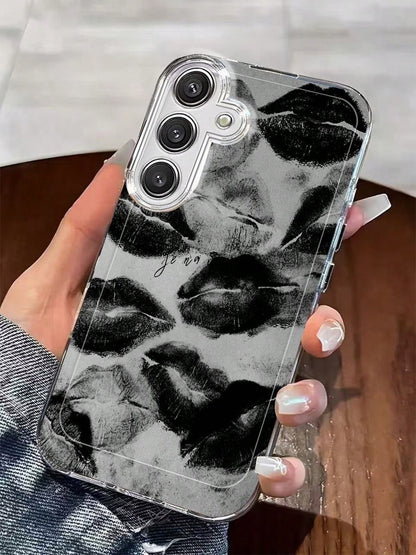 Black And Gray Art Lip Print Phone Case. Suitable For IPhone 17, 16, 15, 14, 13, 12, 11, Pro Max Plus, And Galaxy 25/24/23/22/21/ULTRA/PLUS/FE/A71/56/55/54/53/52/36/35/34/26/25/23/16/15/14/13/10. This