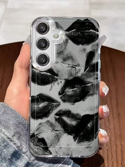 Black And Gray Art Lip Print Phone Case. Suitable For IPhone 17, 16, 15, 14, 13, 12, 11, Pro Max Plus, And Galaxy 25/24/23/22/21/ULTRA/PLUS/FE/A71/56/55/54/53/52/36/35/34/26/25/23/16/15/14/13/10. This