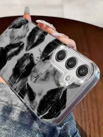 Black And Gray Art Lip Print Phone Case. Suitable For IPhone 17, 16, 15, 14, 13, 12, 11, Pro Max Plus, And Galaxy 25/24/23/22/21/ULTRA/PLUS/FE/A71/56/55/54/53/52/36/35/34/26/25/23/16/15/14/13/10. This