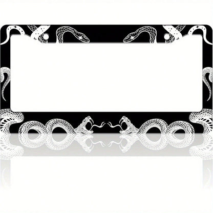 Black And White Snake Gothic License Plate Frame- Stainless Steel Car Tag Holder With Screws, 6.3 X 12.2 Inches, 2 Holes, Decorative Front Or Rear Plate Frame For Vehicles