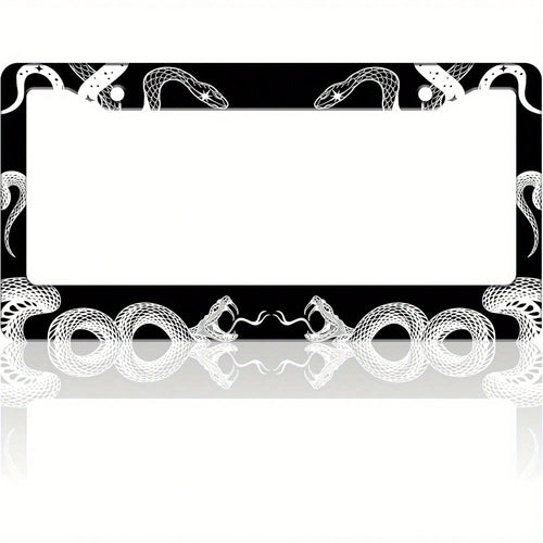 Black And White Snake Gothic License Plate Frame- Stainless Steel Car Tag Holder With Screws, 6.3 X 12.2 Inches, 2 Holes, Decorative Front Or Rear Plate Frame For Vehicles