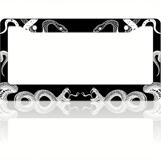 Black And White Snake Gothic License Plate Frame- Stainless Steel Car Tag Holder With Screws, 6.3 X 12.2 Inches, 2 Holes, Decorative Front Or Rear Plate Frame For Vehicles