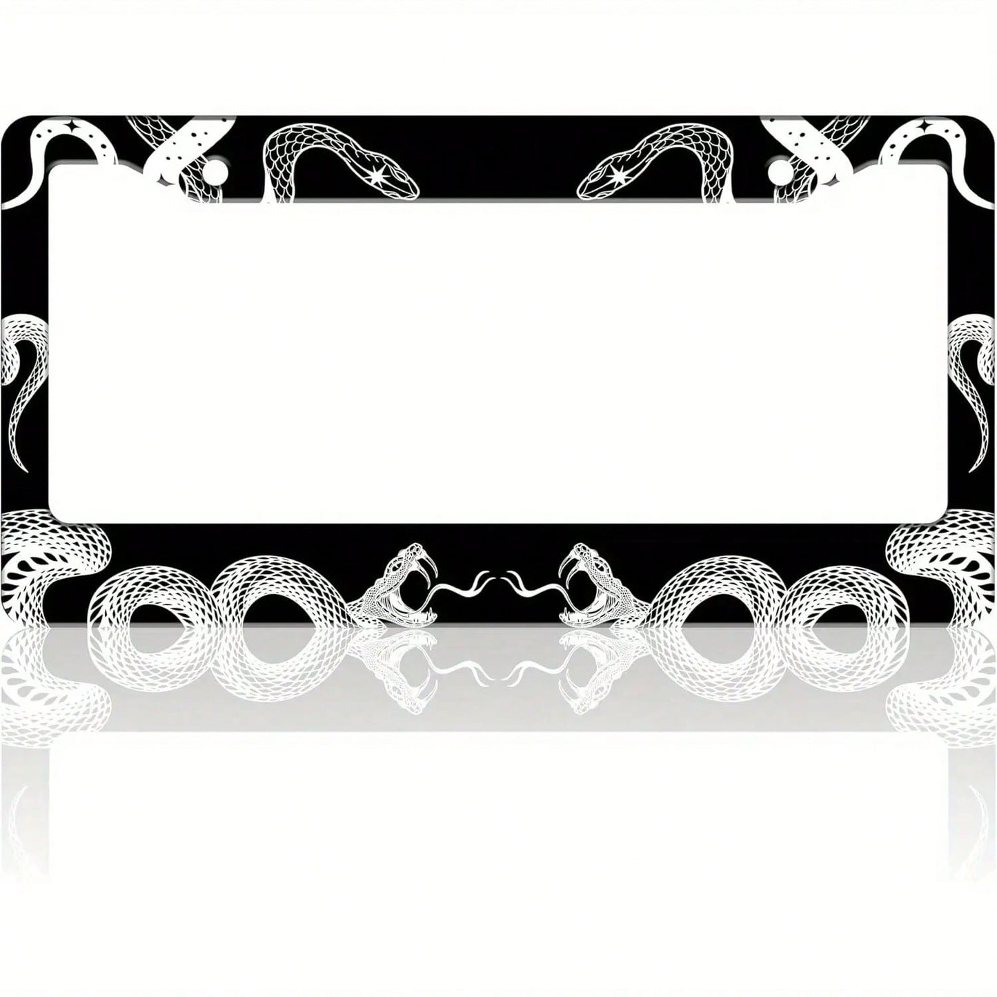 Black And White Snake Gothic License Plate Frame- Stainless Steel Car Tag Holder With Screws, 6.3 X 12.2 Inches, 2 Holes, Decorative Front Or Rear Plate Frame For Vehicles