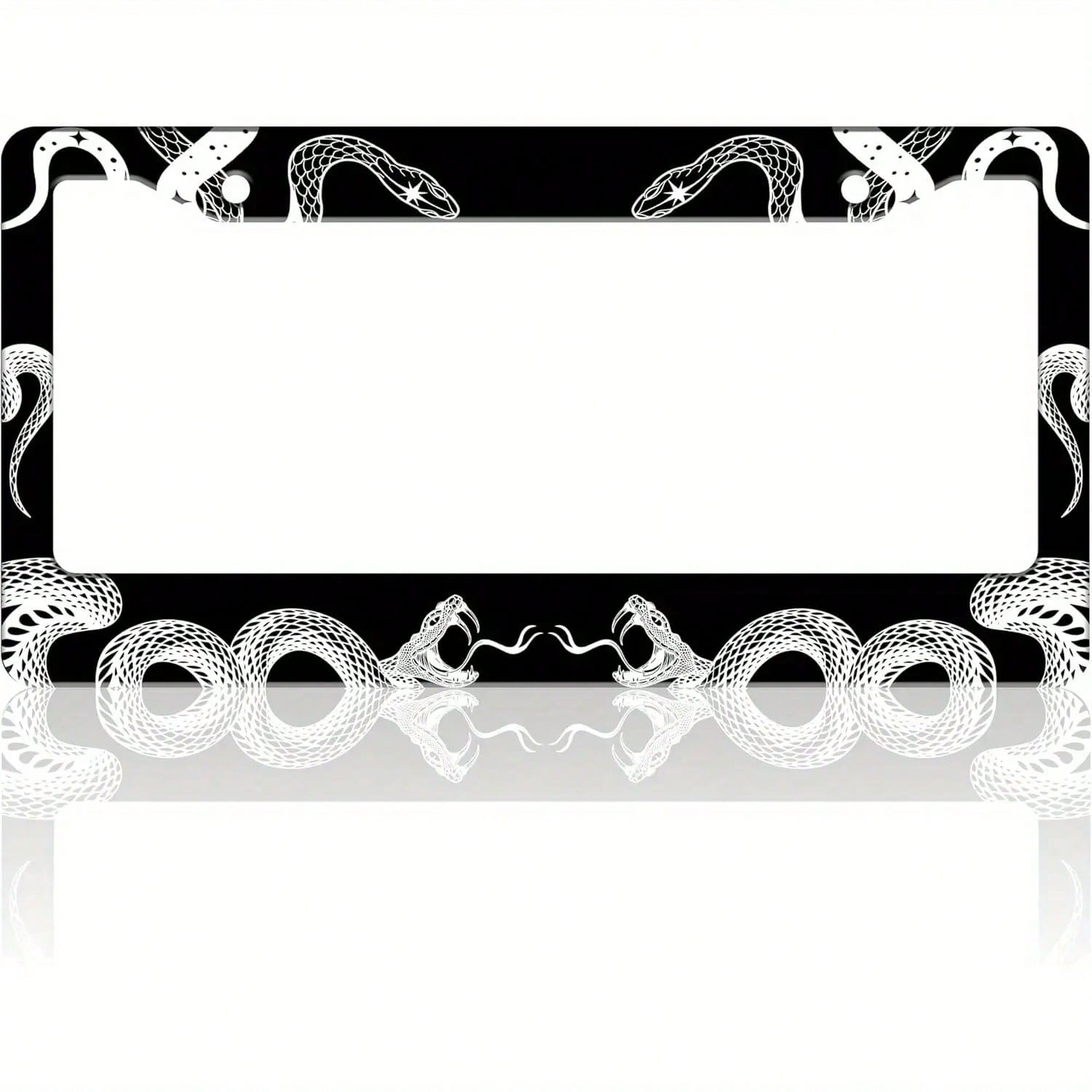Black And White Snake Gothic License Plate Frame- Stainless Steel Car Tag Holder With Screws, 6.3 X 12.2 Inches, 2 Holes, Decorative Front Or Rear Plate Frame For Vehicles