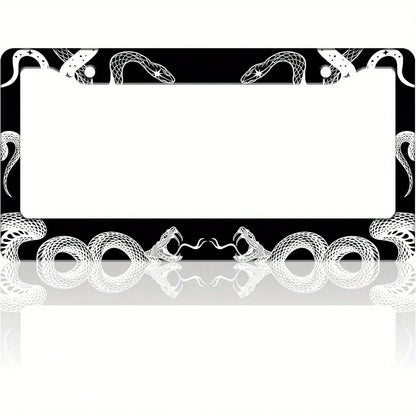 Black And White Snake Gothic License Plate Frame- Stainless Steel Car Tag Holder With Screws, 6.3 X 12.2 Inches, 2 Holes, Decorative Front Or Rear Plate Frame For Vehicles