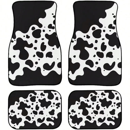 Black Cow Pattern Car Floor Mats, Universal Rubber Car Mats, Black Car Decoration, Complete Set Of 4 Car Floor Mats For Cars,, SUVs, And Trucks