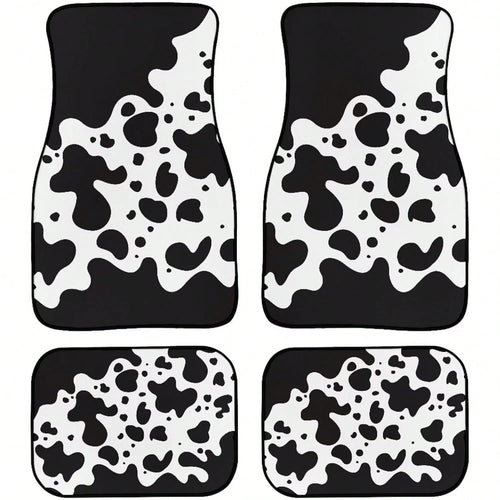 Black Cow Pattern Car Floor Mats, Universal Rubber Car Mats, Black Car Decoration, Complete Set Of 4 Car Floor Mats For Cars,, SUVs, And Trucks