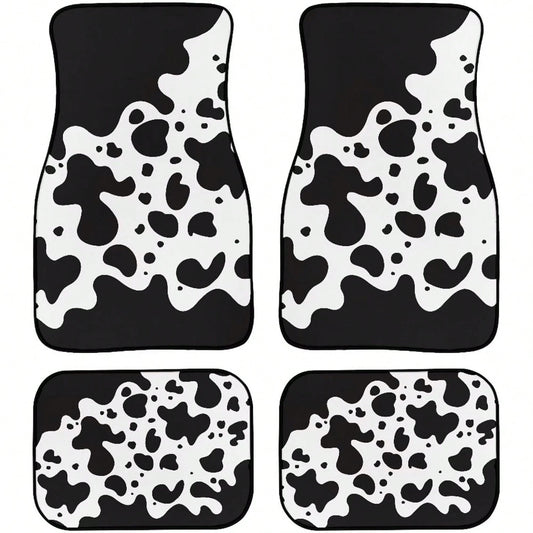 Black Cow Pattern Car Floor Mats, Universal Rubber Car Mats, Black Car Decoration, Complete Set Of 4 Car Floor Mats For Cars,, SUVs, And Trucks