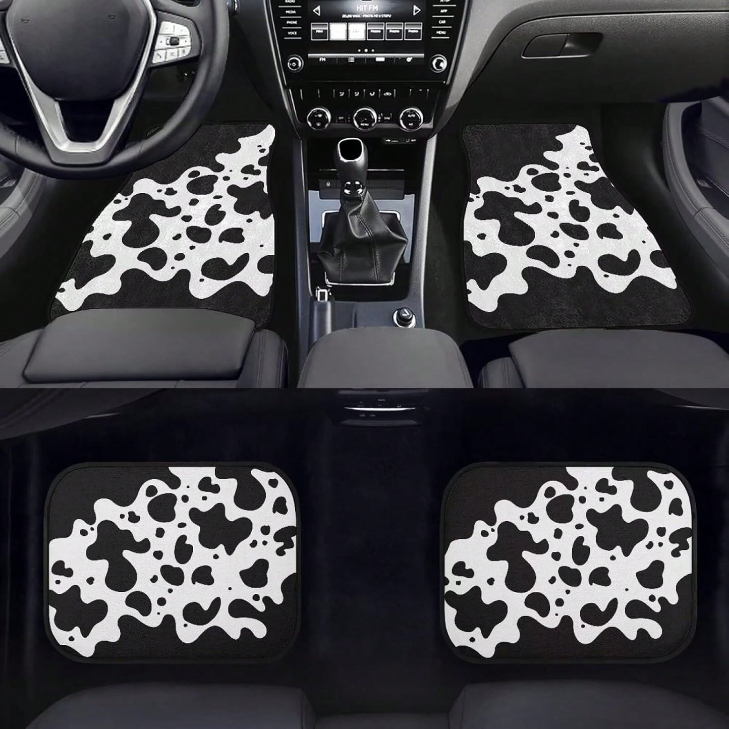 Black Cow Pattern Car Floor Mats, Universal Rubber Car Mats, Black Car Decoration, Complete Set Of 4 Car Floor Mats For Cars,, SUVs, And Trucks