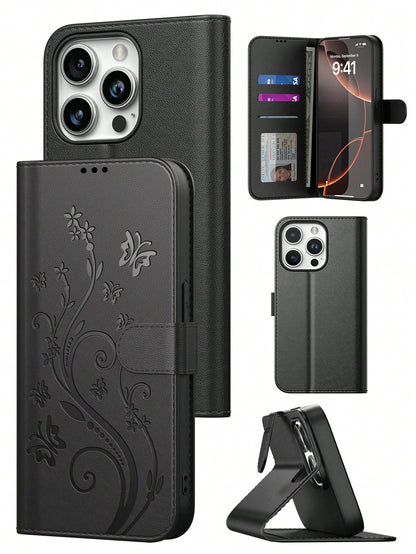 Black Leather Butterfly Shockproof Butterfly Fashion Phone Case Wallet Phone Case Compatible With Iphone 16 Pro Max, Card Holder Phone Case Compatible With Iphone 13, 11, 17 Pro Max, Suitable For Dail