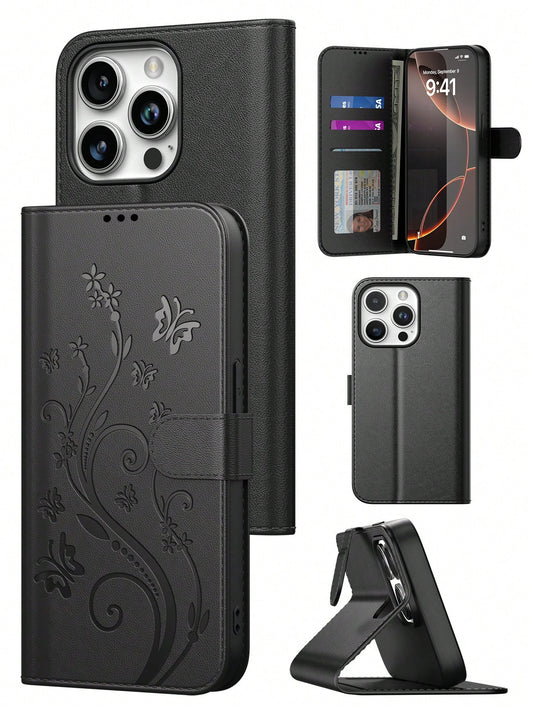 Black Leather Butterfly Shockproof Butterfly Fashion Phone Case Wallet Phone Case Compatible With Iphone 16 Pro Max, Card Holder Phone Case Compatible With Iphone 13, 11, 17 Pro Max, Suitable For Dail