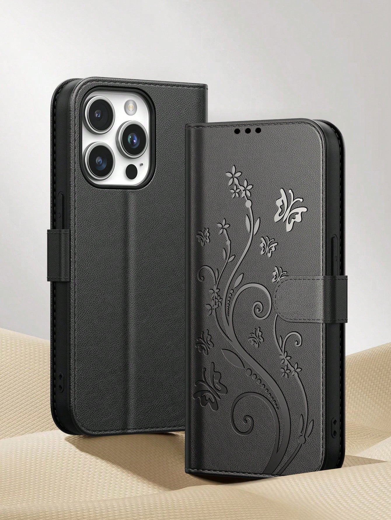 Black Leather Butterfly Shockproof Butterfly Fashion Phone Case Wallet Phone Case Compatible With Iphone 16 Pro Max, Card Holder Phone Case Compatible With Iphone 13, 11, 17 Pro Max, Suitable For Dail