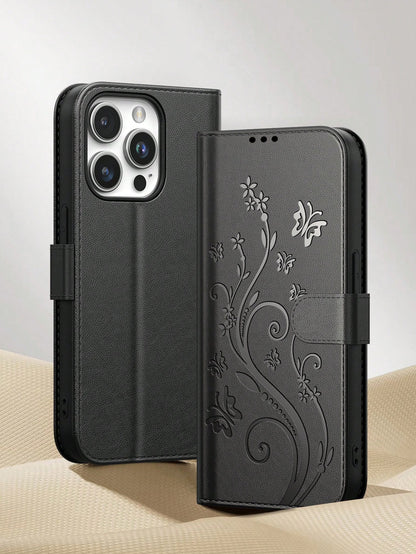 Black Leather Butterfly Shockproof Butterfly Fashion Phone Case Wallet Phone Case Compatible With Iphone 16 Pro Max, Card Holder Phone Case Compatible With Iphone 13, 11, 17 Pro Max, Suitable For Dail