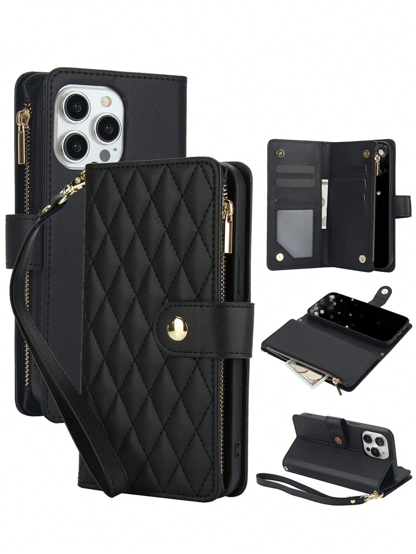 Black Leather Diamond Quilted Cardholder PU Faux Leather Flip Case For Compatible With IPhone 17 Air 16E 16 15 14 13 12 Mini 11 Pro X XS Max XR 8 7 Plus SE 5G 2022 2020,Zipper Mobile Phone Bag,Interna