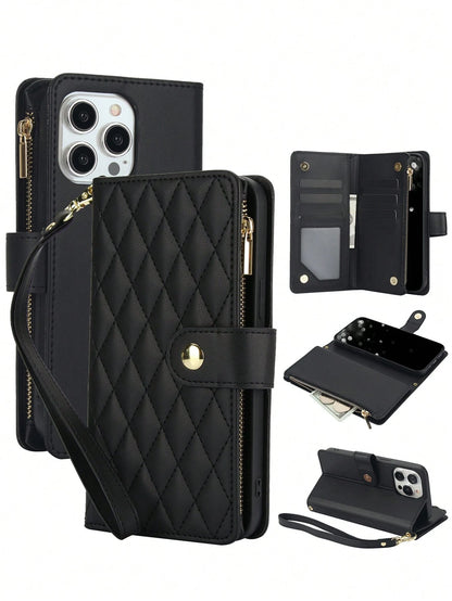 Black Leather Diamond Quilted Cardholder PU Faux Leather Flip Case For Compatible With IPhone 17 Air 16E 16 15 14 13 12 Mini 11 Pro X XS Max XR 8 7 Plus SE 5G 2022 2020,Zipper Mobile Phone Bag,Interna