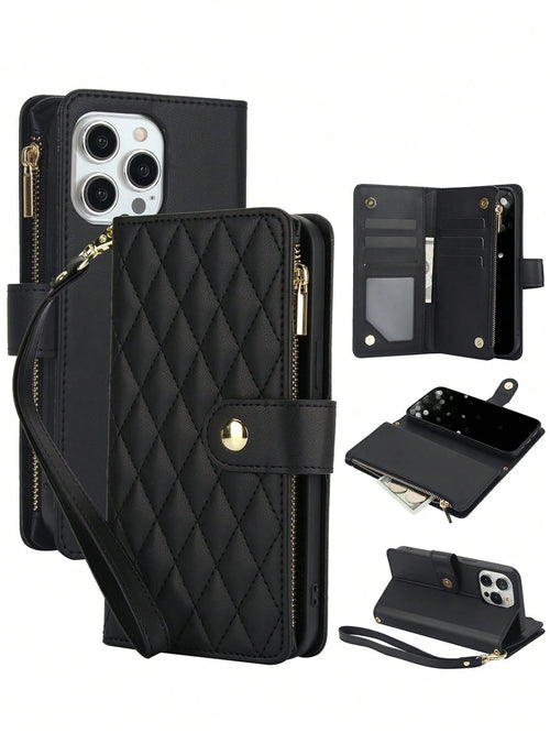 Black Leather Diamond Quilted Cardholder PU Faux Leather Flip Case For Compatible With IPhone 17 Air 16E 16 15 14 13 12 Mini 11 Pro X XS Max XR 8 7 Plus SE 5G 2022 2020,Zipper Mobile Phone Bag,Interna
