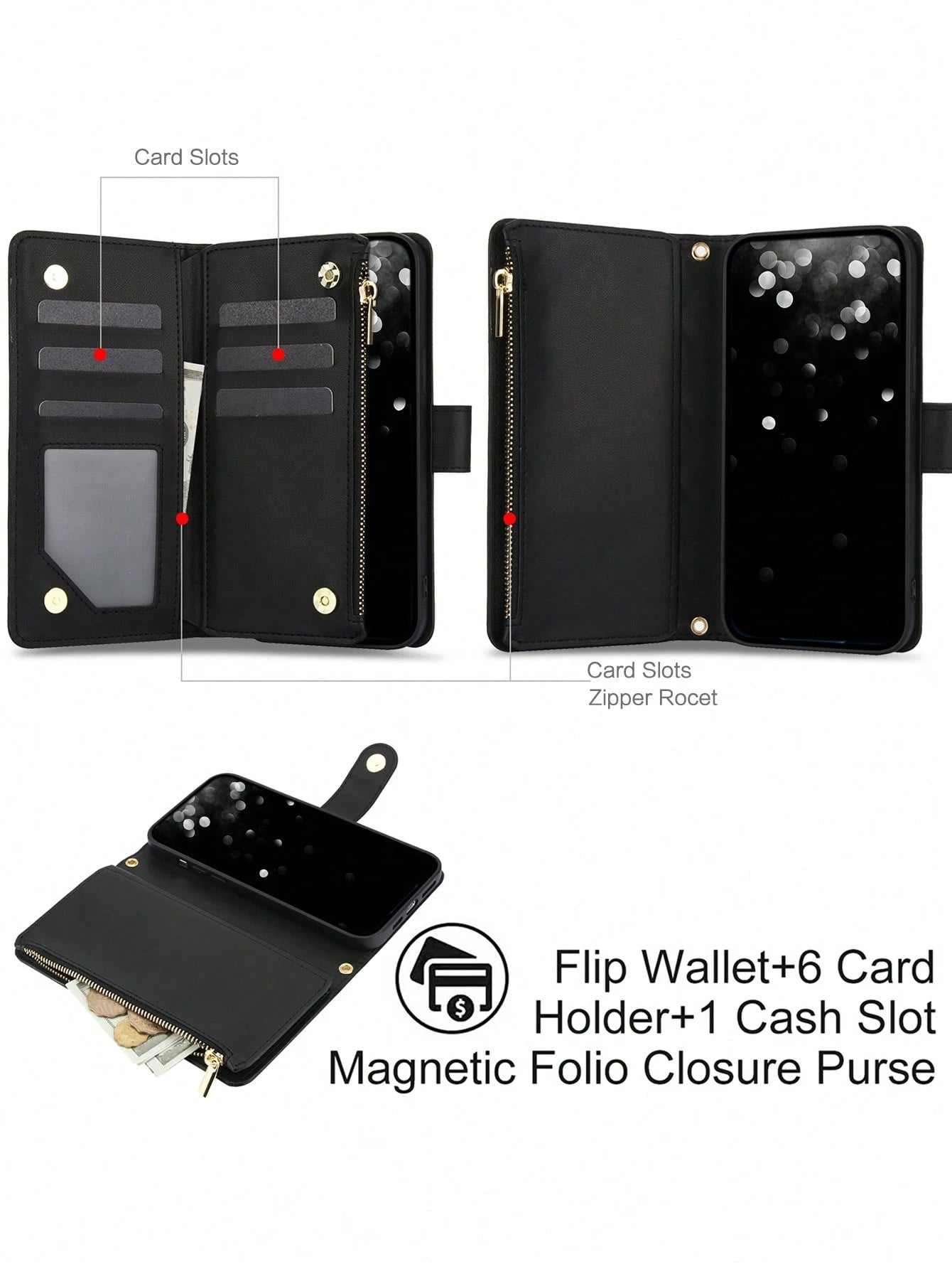 Black Leather Diamond Quilted Cardholder PU Faux Leather Flip Case For Compatible With IPhone 17 Air 16E 16 15 14 13 12 Mini 11 Pro X XS Max XR 8 7 Plus SE 5G 2022 2020,Zipper Mobile Phone Bag,Interna