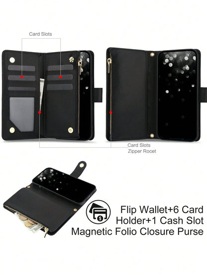 Black Leather Diamond Quilted Cardholder PU Faux Leather Flip Case For Compatible With IPhone 17 Air 16E 16 15 14 13 12 Mini 11 Pro X XS Max XR 8 7 Plus SE 5G 2022 2020,Zipper Mobile Phone Bag,Interna