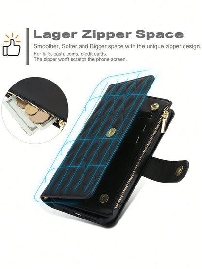 Black Leather Diamond Quilted Cardholder PU Faux Leather Flip Case For Compatible With IPhone 17 Air 16E 16 15 14 13 12 Mini 11 Pro X XS Max XR 8 7 Plus SE 5G 2022 2020,Zipper Mobile Phone Bag,Interna