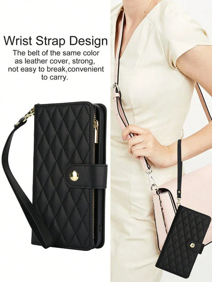 Black Leather Diamond Quilted Cardholder PU Faux Leather Flip Case For Compatible With IPhone 17 Air 16E 16 15 14 13 12 Mini 11 Pro X XS Max XR 8 7 Plus SE 5G 2022 2020,Zipper Mobile Phone Bag,Interna