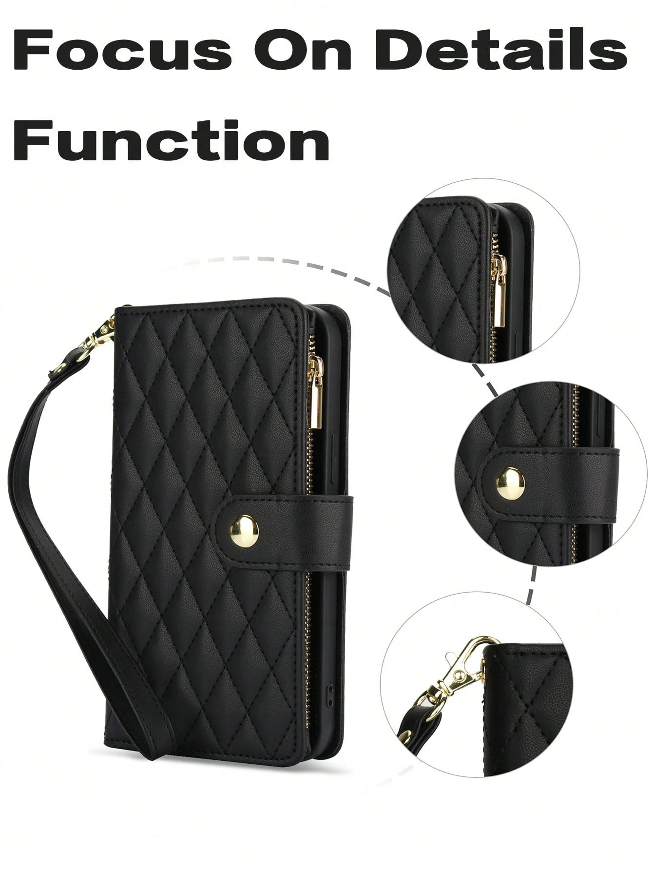 Black Leather Diamond Quilted Cardholder PU Faux Leather Flip Case For Compatible With IPhone 17 Air 16E 16 15 14 13 12 Mini 11 Pro X XS Max XR 8 7 Plus SE 5G 2022 2020,Zipper Mobile Phone Bag,Interna