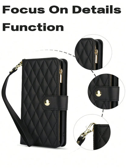 Black Leather Diamond Quilted Cardholder PU Faux Leather Flip Case For Compatible With IPhone 17 Air 16E 16 15 14 13 12 Mini 11 Pro X XS Max XR 8 7 Plus SE 5G 2022 2020,Zipper Mobile Phone Bag,Interna