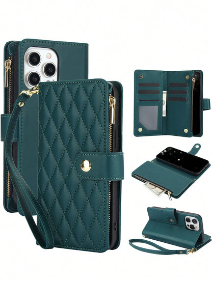 Black Leather Diamond Quilted Cardholder PU Faux Leather Flip Case For Compatible With IPhone 17 Air 16E 16 15 14 13 12 Mini 11 Pro X XS Max XR 8 7 Plus SE 5G 2022 2020,Zipper Mobile Phone Bag,Interna