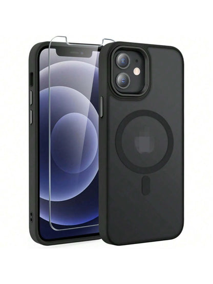 Black Magnetic Style Basic Phone Case Compatible With Apple Case With Screen Protector, Magnetic Translucent Phone Case For Women Men [Compatible With Magsafe] Slim Anti-Fingerprints Shockproof Protec
