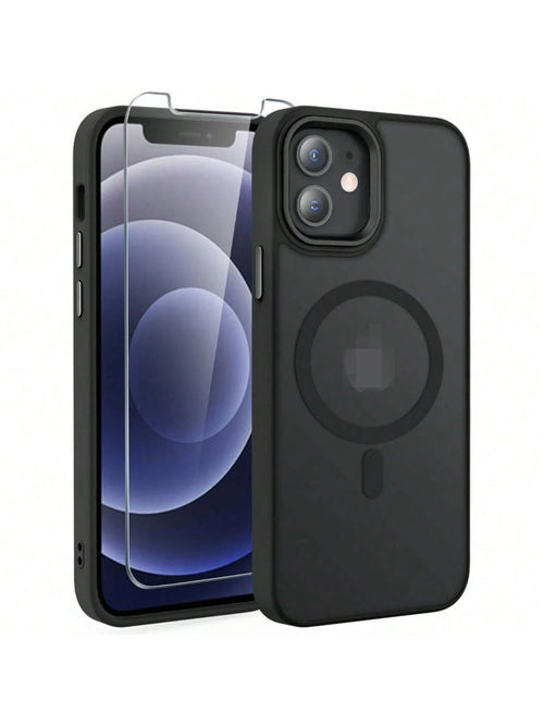 Black Magnetic Style Basic Phone Case Compatible With Apple Case With Screen Protector, Magnetic Translucent Phone Case For Women Men [Compatible With Magsafe] Slim Anti-Fingerprints Shockproof Protec