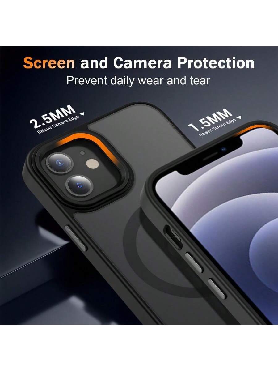 Black Magnetic Style Basic Phone Case Compatible With Apple Case With Screen Protector, Magnetic Translucent Phone Case For Women Men [Compatible With Magsafe] Slim Anti-Fingerprints Shockproof Protec